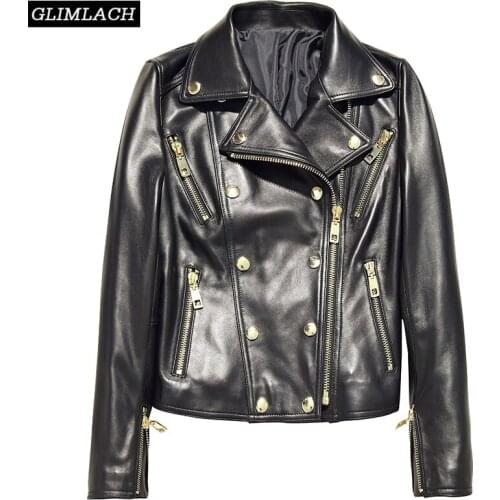 Women Motorcycle Leather Jacket Multi Zippers Rivet Genuine Sheepskin Real Leather Coat Slim Short Lapel Punk Overcoat Female