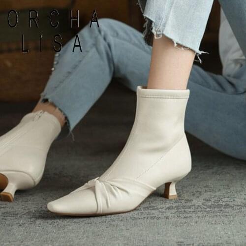 2021 New Female Ankle Boots Low Heel Stretched Fabric Elastic Shoes zipper pointed toe Spring Autumn Party footwear
