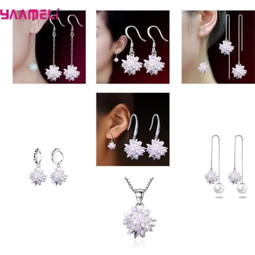 S925 Sterling Silver Jewelry Earrings Pendientes Shining White Cubic Zircon Ice Flower Original Design for Woman Girl Gifts