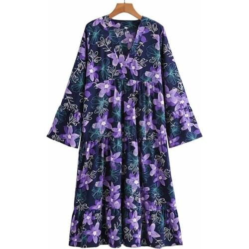 YENKYE Summer Women Vintage Flower Print Long Dress Female V Neck Flare Sleeve A-line Casual Loose Dress Holiday Vestido