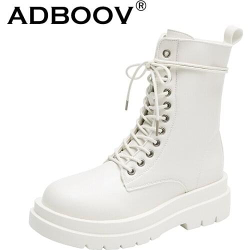 ADBOOV Autumn Winter Fur Lining Ankle Boots Women Shoes Increased PU Leather Women Shoes Motorcycle Boots