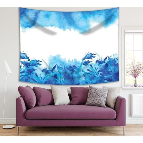 Tapestry 65-73f Wildflowers Grass Clear Sky Natural Garden Watercolor Style Artwork Blue White