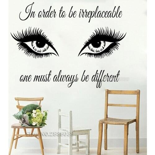 Art Quote Wall Decals In Order To Be Irreplaceable Decal Eyes Eyelashes Makeup Girl Vinyl Stickers Beauty Salon Home Decor LC539