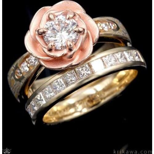 2Pcs/Set Exquisite Pink Sapphire Flower Ring Anniversary Proposal Jewelry Women Engagement Wedding Band Ring Set Birthday Party