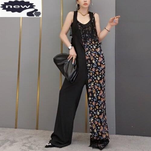 Summer Jumpsuit Women Fashion Streetwear Black Printing Patchwork Suspenders Wide Leg Trousers OL Style Elegant Overalls S-L