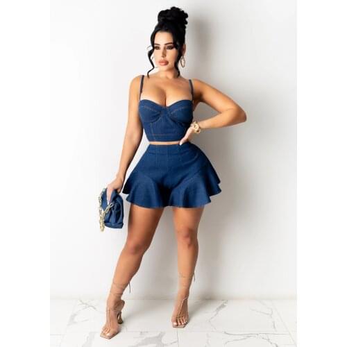 Summer Fashion Casual Trend Womens Solid Color Suspenders, Chest-Wrapped Zipper Culottes, Two-Piece Denim Set