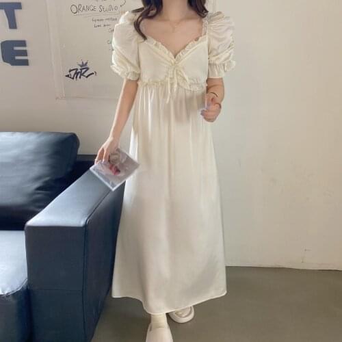 Ruffles Summer Nightgown White Elegant Long Sleepwear Sweet Korean Cotton Home Clothes Homewear Girls V-Neck Short Sleeve