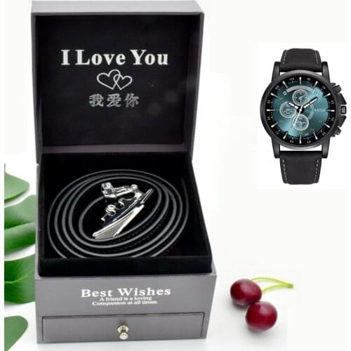 Top quality large dial mens fashion casual quartz watch belt set Christmas personalized gift box Wrist Watch For boy men gif