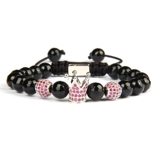 Natural Faceted Onyx Stone Pink CZ Crown Charm Couples Bracelet Laser Printing Logo on Back Beads Drop Ship Jewelry