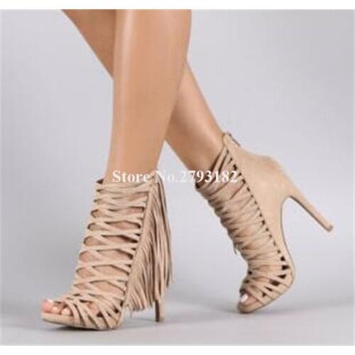 Girls Charming Fashion Open Toe Strap Cross Stiletto Heel Tassels Gladiator Sandals Suede Leather Fringes High Heel Sandals