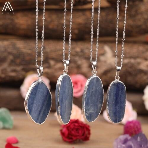 Natural Blue Kyanite Stone Slab Beads Pendant Silvery Chains Necklace For Women Stone Beads Adjustable Necklace Jewelry Dropship
