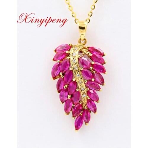 Xin yi peng 18 k yellow gold inlaid natural ruby necklace pendant, woman, anniversary gifts
