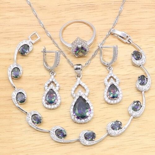 Rainbow Topaz 925 Silver Wedding Jewelry Sets For Women Bracelet Earrings Necklace Pendant Ring Birthday Gift