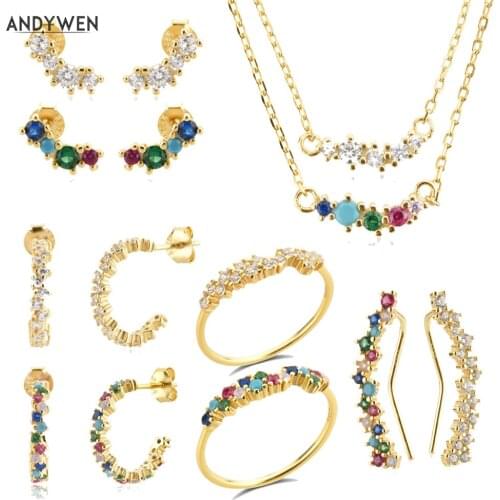 ANDYWEN 925 Sterling Silver 18K Gold Plated Angelique Sparkle Tutti Frutti Piercing Hoop Stud Earring Ring Collar Jewelry Set