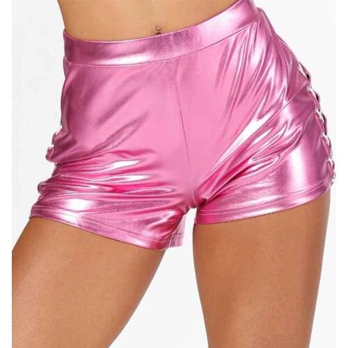 Sexy Pu Leather Shorts Women Bandage Gold Silver Pink Blue High Waist Shorts Sexy Hot Gil Clubwear Summer Women Shorts