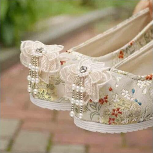 Hanfu Shoes Women Chinese Traditional Ancient Inside Heighten Flat Shoes Embroidery Green Shoes Wedding Hanfu Shoes For Women
