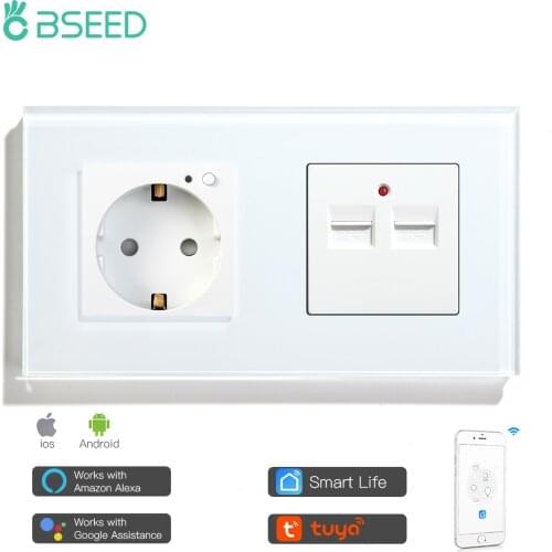 BSEED Smart Socket EU Standard With Normal USB Charger 100V-240V White Black Crystal Glass Panel Work With Smart Life