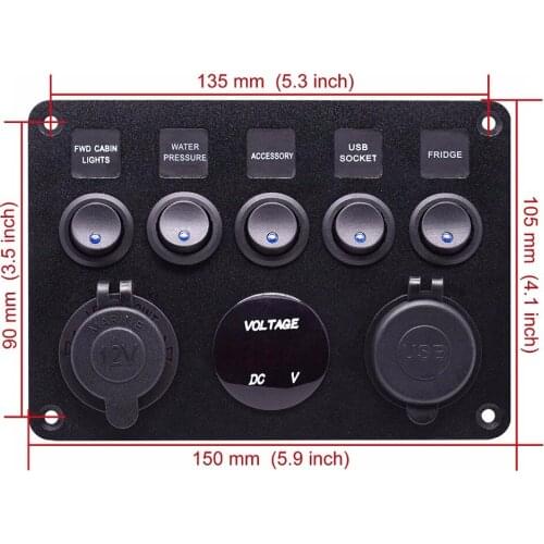 USB Socket Charger 2.1A&2.1A+LED Voltmeter+12V Power Outlet+5 Gang ON-OFF Toggle Switch Panel for Car Boat Marine RV Truck