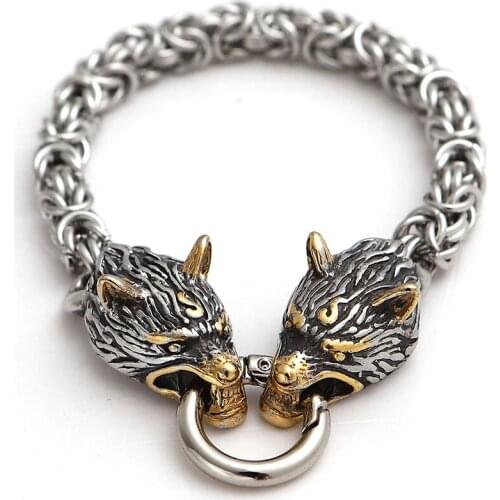WANGAIYAO mens jewelry steel color stainless steel Nordic Viking wolf head bracelet fashion personality domineering animal brac