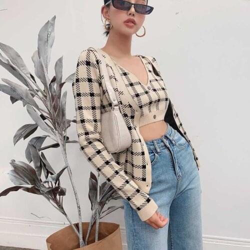 Wenfly Women Outfits Plaid New Crop Vest Top Knitting Sexy England V-neck Long Sleeved Cardigan Sweater Two Piece Set Streetwear