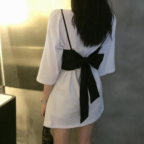 Vetement Femme 2021 Summer Kawaii Clothes White Long Sleeve T Shirt with Bow Strap Vest Fashion Loose Casual Women Top Y636