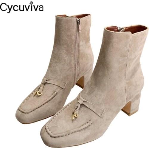 New Chunky Heels Chelsea Ankle Boots For Women Kid Suede Short Boots Metal Decor Nude Beige Women BootsRunway Winter Brand Shoes