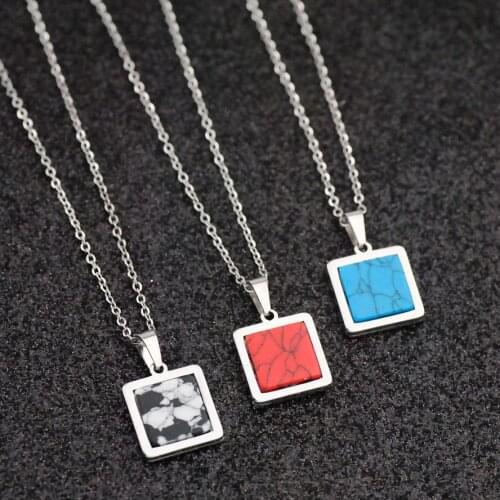 Stainless Steel Geometric Pendant Necklace for Women Short Chain Square Turquoise Choker Necklace Stone Pendant Charm Jewelry