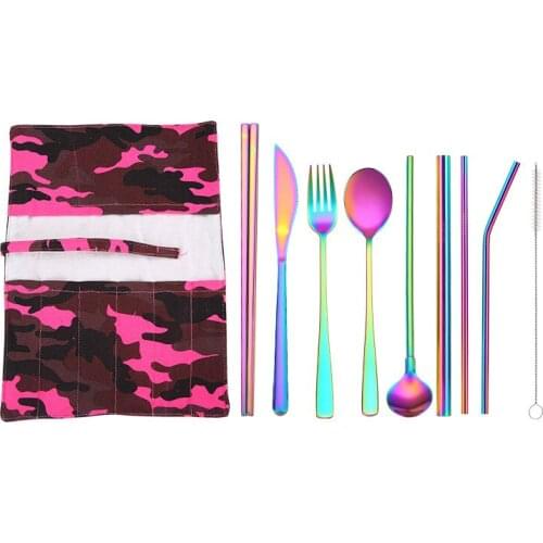 20set/lot Colorful 9pcs Portable Stainless Steel Cutlery Suit Reusable Straw and Chopstick Travel Knife and Fork Set