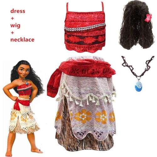 2020 Girls Moana Cosplay Costume for Kids Vaiana Princess Dress Clothes with Necklace for Halloween Costumes Gifts for Girl