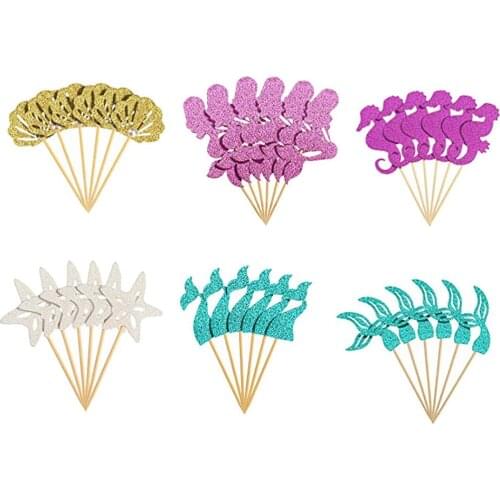 36pcs Mermaid Glitter Cupcake Toppers Paper Birthday Cake Insert Bow Decorated Marine Life Cake Pick Cake Decor Party Favors (6