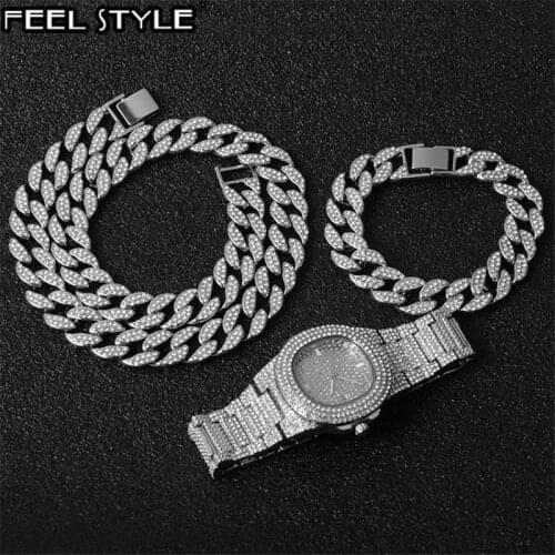 Silver Color Necklace +Watch+Bracelet Hip Hop Miami Curb Cuban Chain Iced Out Paved Rhinestones CZ Bling Rapper For Men Jewelry