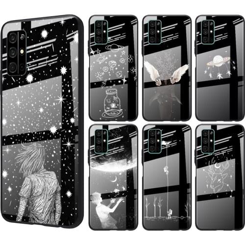 Tempered Glass Cover White Flower Moon Stars For Huawei Honor 30 20 10 9X 8X Pro Plus Lite Shockproof Shell Phone Case