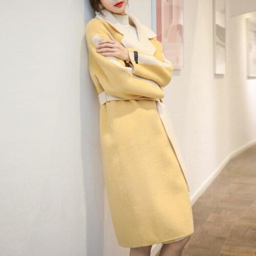 Patchwork double sided cashmere coat womens middle long 2020 new korean high end fashionable style suit collar yellow wool coat
