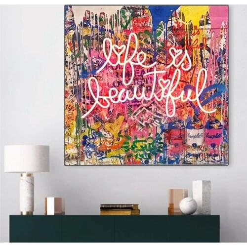 Graffiti Life Is Beautiful Poster Street Art Painting on Wall Canvas Posters and Prints Pictures for Living Room Decor