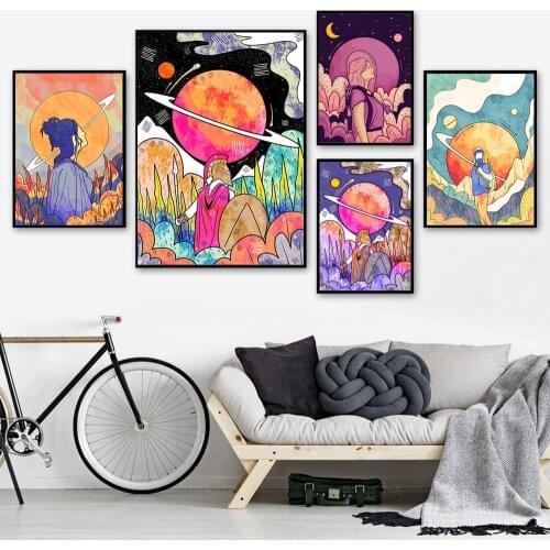 Canvas Painting Home Decor Plant Modular Planet Pictures Printed Abstract Moon Girls Poster For Living Room Wall Art No Frame