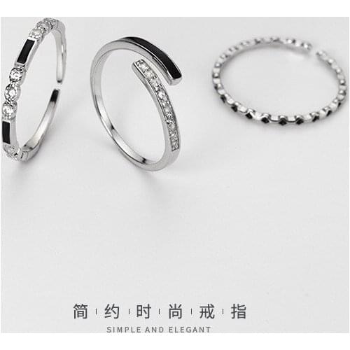 3 pcs Real 925 Sterling Silver Dainty Zircon Black Color Open Ring Hypoallergenic Adjustable Ring Fine Jewelry for Women