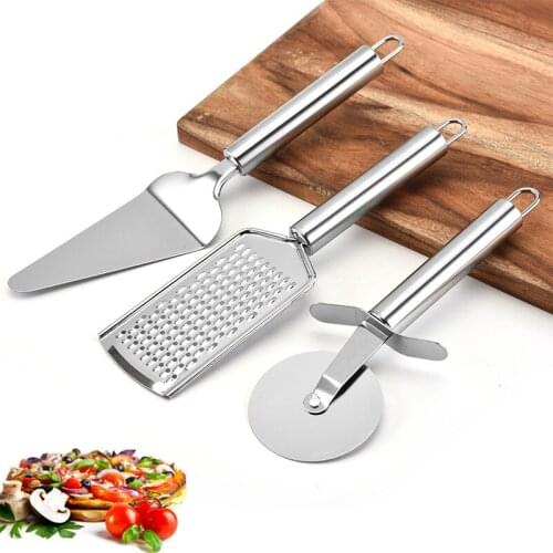 3 Pieces Stainless Steel Pizza Shovel Set Handheld Pizza Knife Divider Cutter Cheese Grater Spatula Baking Tool Kitchen Gadgets