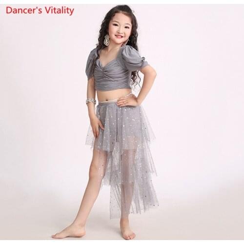 Belly Dance Suit Sequins Top Short Sleeves Water Yarn Skirt Practice Clothes Set Orienta Dancing Child Performance Clothing