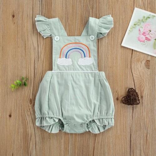 Summer Baby Girls Trendy Sweet Cute Ruffles Fly Sleeve Romper Fashion Rainbow Embroidery Backless Jumpsuits