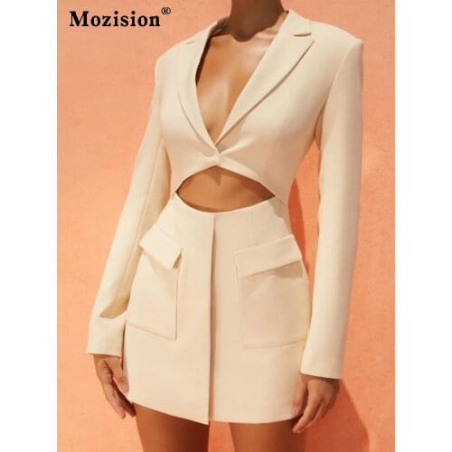 Mozision Autumn Long Sleeve Blazer Dress For Women Khaki Notched Collar Hollow Out Button Dresses Bodycon Party Mini Dress