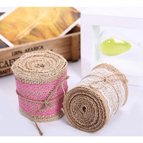 Natural Jute Burlap Hessian Ribbon with Lace Roll Trims Tape Rustic Wedding Mariage Wedding Cake Topper Decoration