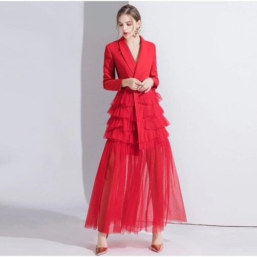New Runway Women Autumn Suit Collar Ruffles Patchwork Pleated Mesh Dress Long Sleeve Party White Black Red Long Dresses Vestidos