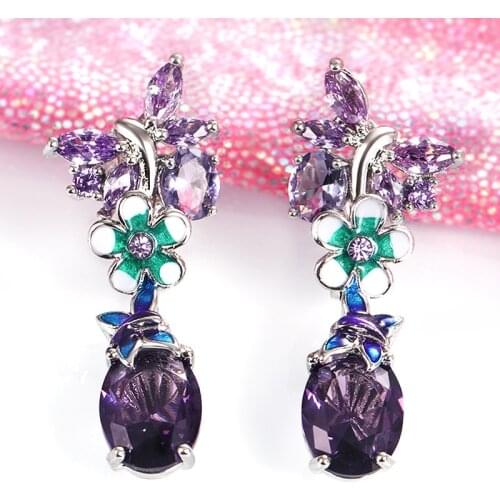 New Style Oval Purple Zircon Flower Earrings Earrings Female European and American Popular Butterfly Ladies Earrings