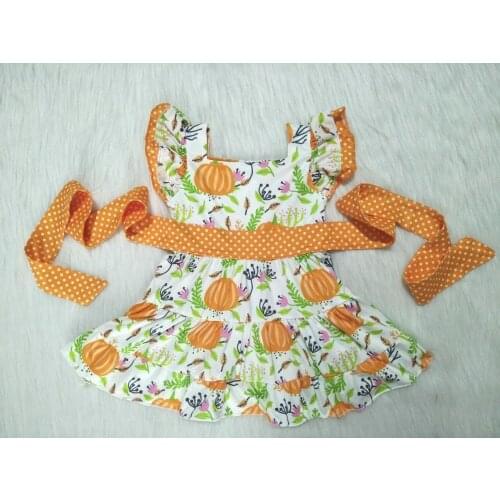 Wholesale/retail pumpkin dress baby girls dotted strap flying sleeve fall style kids casual childrens clothing gxj