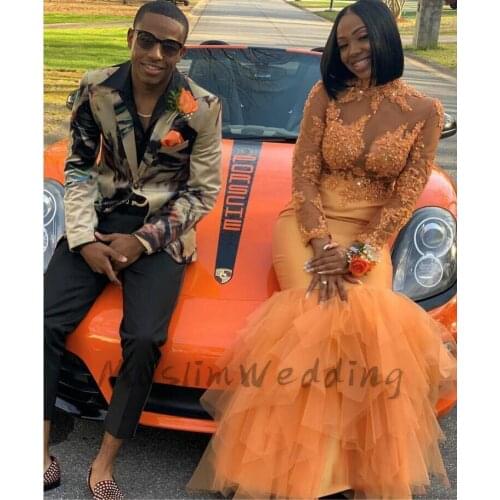 Sexy See Through Long Sleeve Prom Dresses Vintage Orange African Plus Size Evening Gowns With Lace Mermaid Long Prom Dress 2020