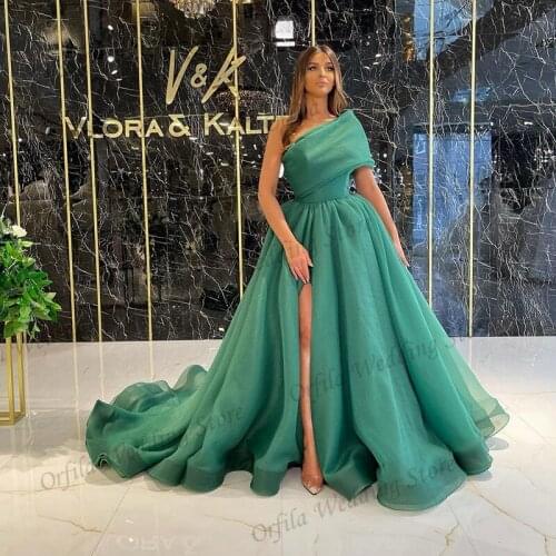 One Shoulder Prom Dress Sexy Side Split 2021 Tulle Green Saudi Arabic Vestido De Fiesta De Boda Formal Party Wear