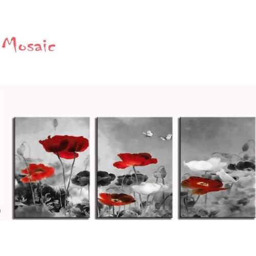 Full Square 5D DIY Diamond Painting 3pcs Poppies Butterfly Fly Over The Black and White Red Flower Abstract Painting Still Life
