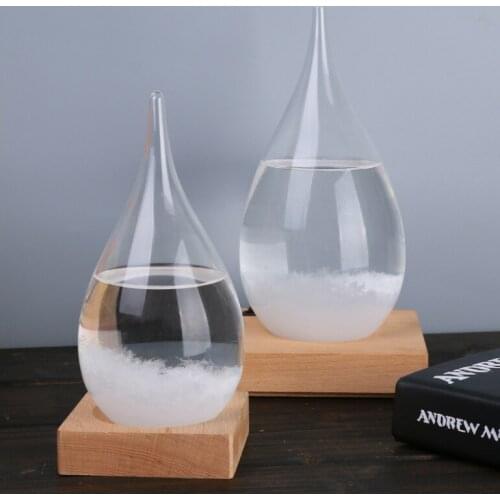 Transparent Crystal Water Drop Weather Forecast Bottle Storm Glass Liquid Wood Base Ornament Home Wedding Decor Craft Gift