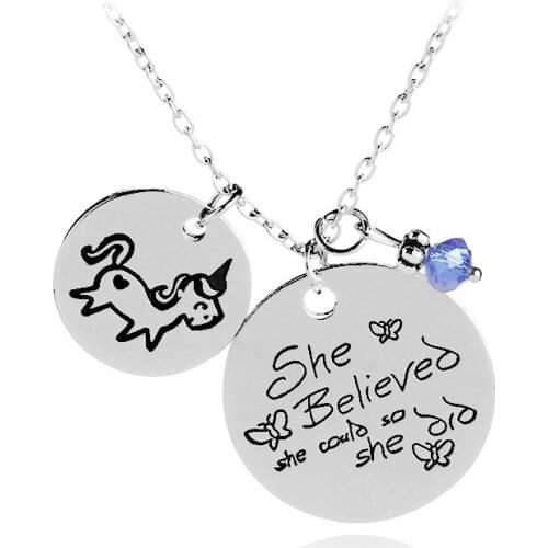 Drop shipping Hand Stamped She believed she could so she did Pendants Necklace for women Unicorn necklace Graduation Gift