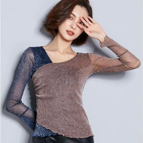 Spring Fall Fashion Designer Women Patchwork Irregular Full Sleeve Glitter Mesh Shirt , Autumn Woman Stretch 3xl Slim Fit Shirts